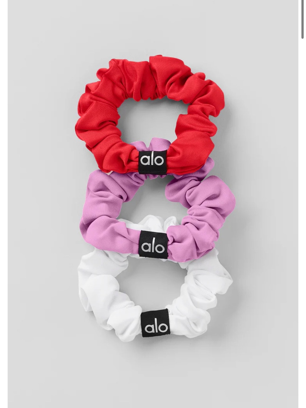 NWT ALO Fresh Mini Scrunchie (3-Pack), Bright Red/Candy Heart Pink/White